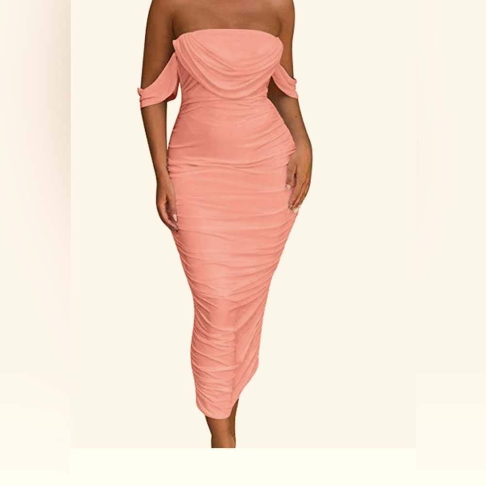 Pola’s Ruched Bodycon Strapless Off Shoulder Midi Dress, Women’s Sz S